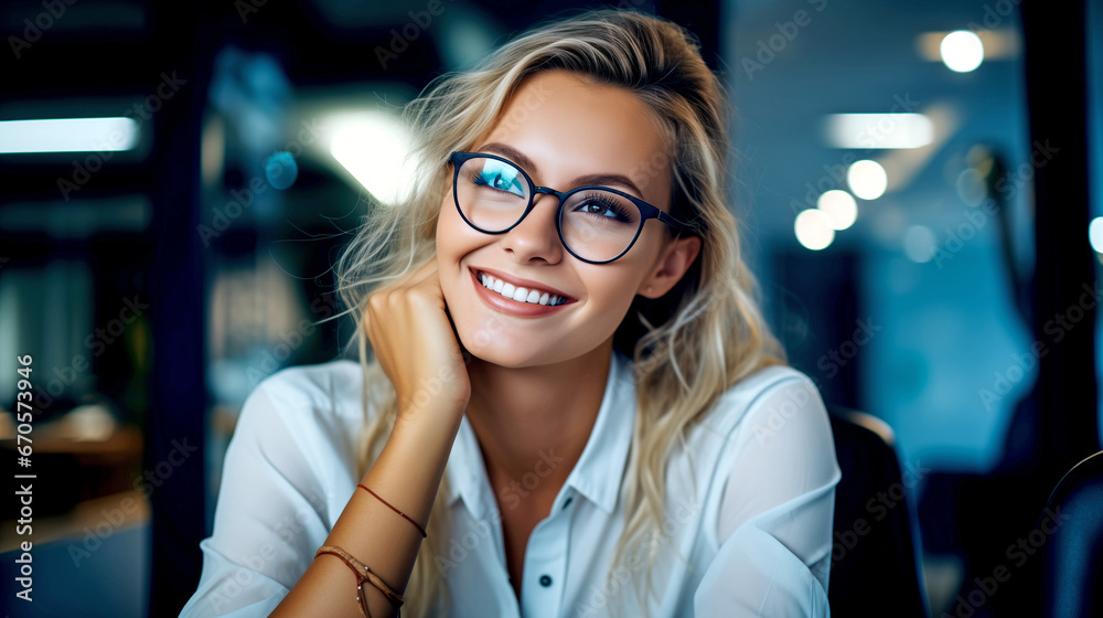 Fototapeta premium YOUNG BEAUTIFUL BUSINESS WOMAN IN CREATIVE OFFICE . legal AI