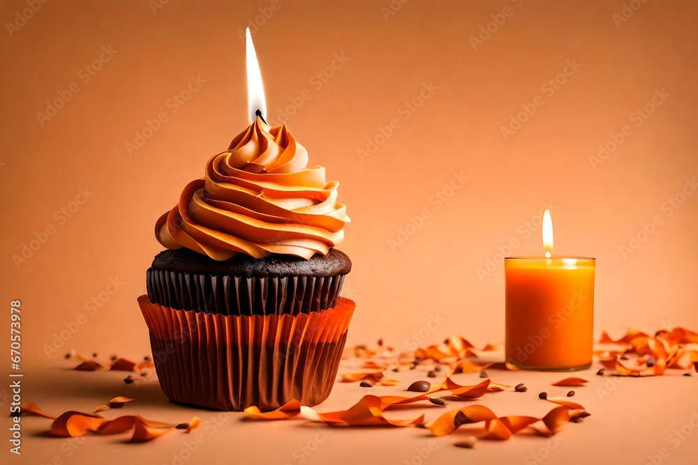 Orange backdrop with copyspace and a chocolate cupcake with a candle Orange backdrop with copyspace and a chocolate cupcake with a candle
