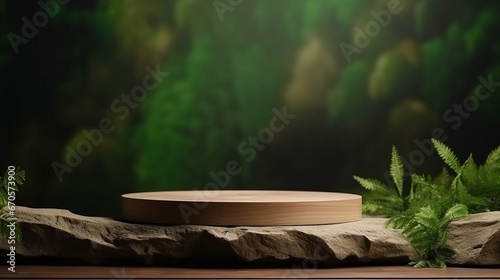 Green Natural Elements Podium for Product Presentation. Abstract Scene Background.