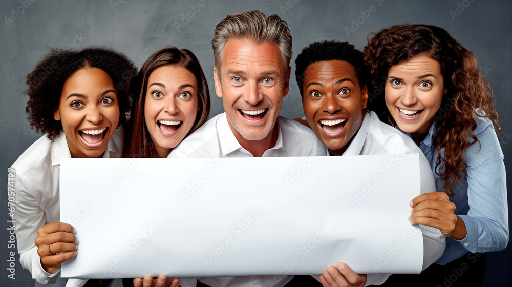 MULTIRACIAL HAPPY GROUP OF BUSINESS PEOPLE HOLDING BLANK PLACARD. legal AI MULTIRACIAL HAPPY GROUP OF BUSINESS PEOPLE HOLDING BLANK PLACARD. legal AI