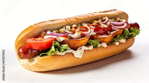 Delicious hot dog with salad and onion and tomato Isolated on white, generative AI.