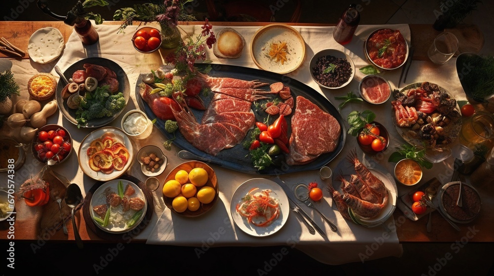 Big meat plat with Vegetables and bread, spices and sauces, generative AI.