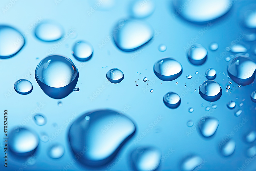 The droplets of water in blue backgrounds, in the style of high-key lighting, rounded, color splash. AI Generative