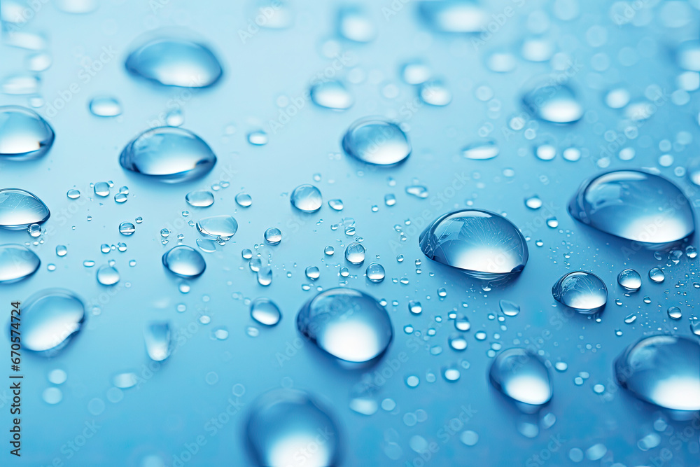 The droplets of water in blue backgrounds, in the style of high-key lighting, rounded, color splash. AI Generative