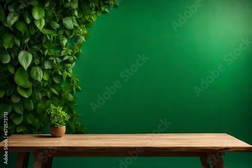 a green wall background with a wooden table top with green leaves and product display