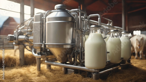 Robotic equipment milks cows, collecting milk in industrial quantities. A large herd of well-groomed cows grazes in a meadow. Big business producing cow's milk. Dairy production on an innovative farm. photo