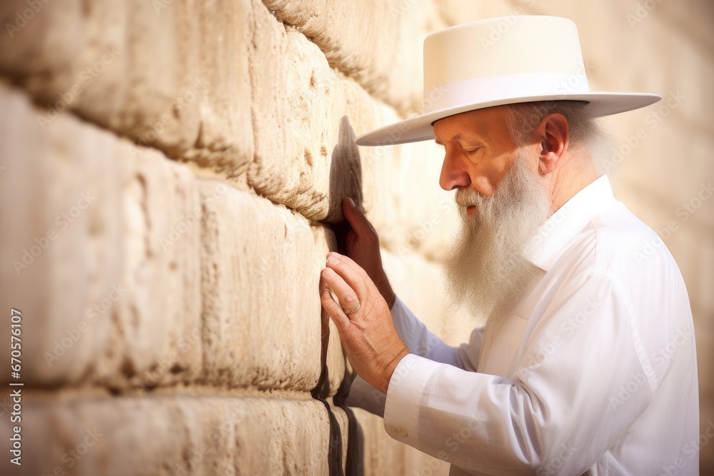 Spiritual Connection: Elderly Man Praying at Wailing Wall in Jerusalem - obrazy, fototapety, plakaty 