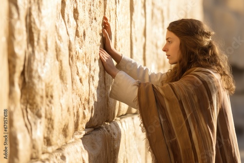Spiritual Connection: a Woman Praying at Wailing Wall in Jerusalem