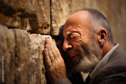 Spiritual Connection: Elderly Man Praying at Wailing Wall in Jerusalem photo