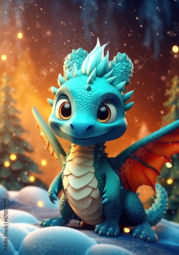 A beautiful cute magic dragon with big kind eyes sits against the backdrop of a fairy forest. A wonderful and sweet character. © Boomanoid