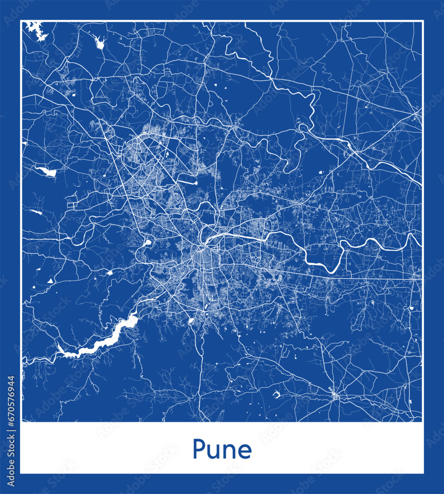 Pune India Asia City map blue print vector illustration