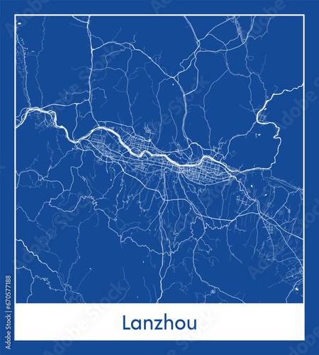 Lanzhou China Asia City map blue print vector illustration