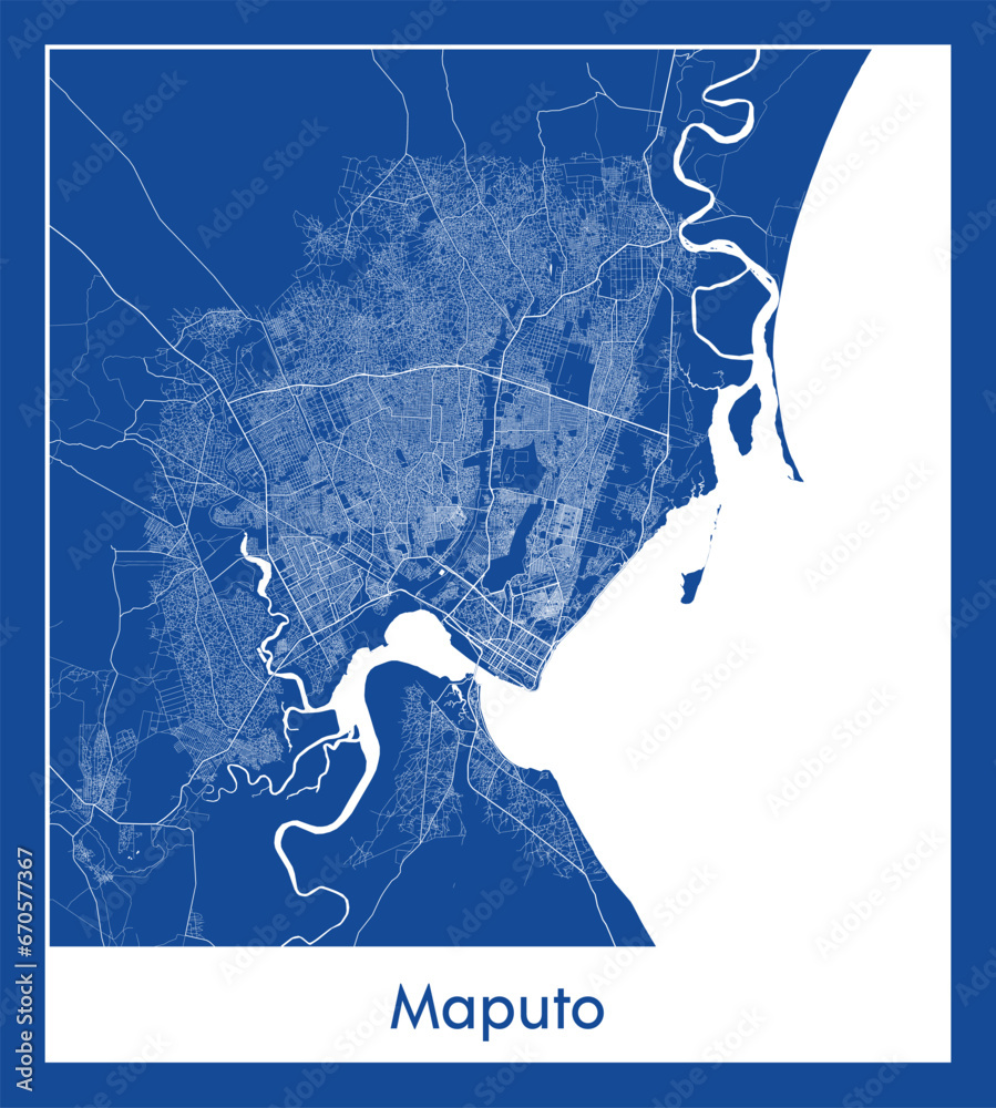Maputo Mozambique Africa City map blue print vector illustration Stock ...