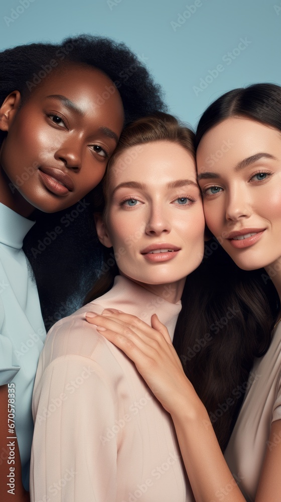 Skincare campaign group portrait with young attractive women. Ethnical diversity Skincare campaign group portrait with young attractive women. Ethnical diversity