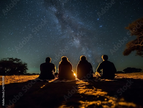 Silhouette of group of people looking at the stars.