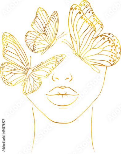 Fotografie Woman face and butterflies with golden effect.