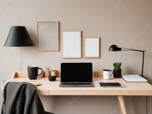 Modern workplace with laptop, coffee cup and other items on wooden table