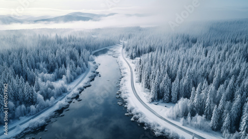 Aerial view of a winter roadway through a forest landscape
