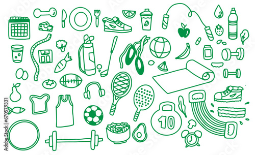 Handrawn Sports & Wellness Vector Set: Health, Teamwork, and Recreation Graphics. Gym, Sports, Healthy Lifestyle, diet, Yoga doodles for Fitness Enthusiasts.