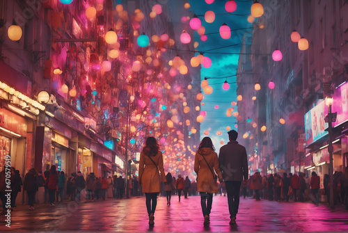 Couple walking on the street in night.