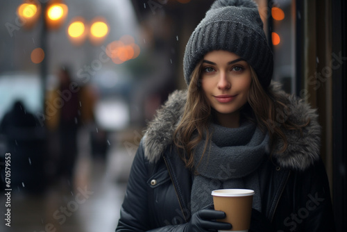Woman wearing winter clothes and drinking coffee outdoors. © allasimacheva
