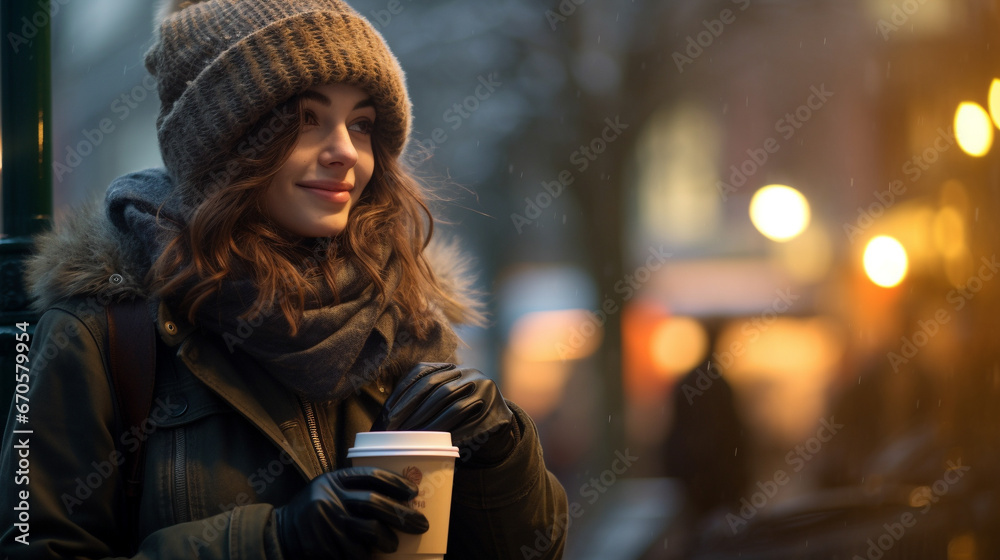 Woman wearing winter clothes and drinking coffee outdoors. Woman wearing winter clothes and drinking coffee outdoors.