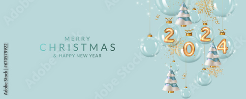 Happy New Year 2024. Christmas and New Year greeting card with balls, golden realistic metallic numbers with christmas trees, ribbon and confetti. photo