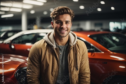 Beautiful happy smiling young brunette man on the background of cars in a car dealership © liliyabatyrova