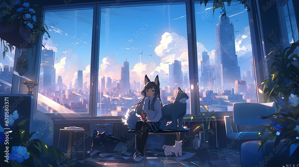 Cute chibi LOFI anime manga girl, valentines day hearts background