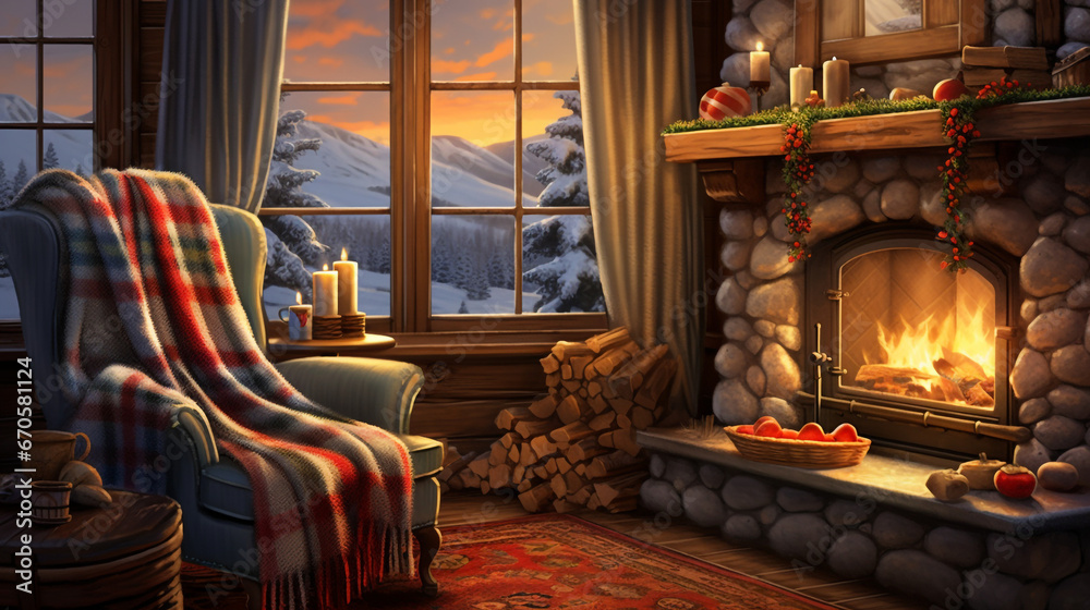 a welcoming living room, a blazing fireplace fills the space with warmth, a chair draped with a woolen blanket cradles a hot mug of tea