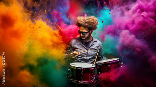A drummer energetically played a drumstick, creating rhythmic beats that filled the air high speed colorful dust