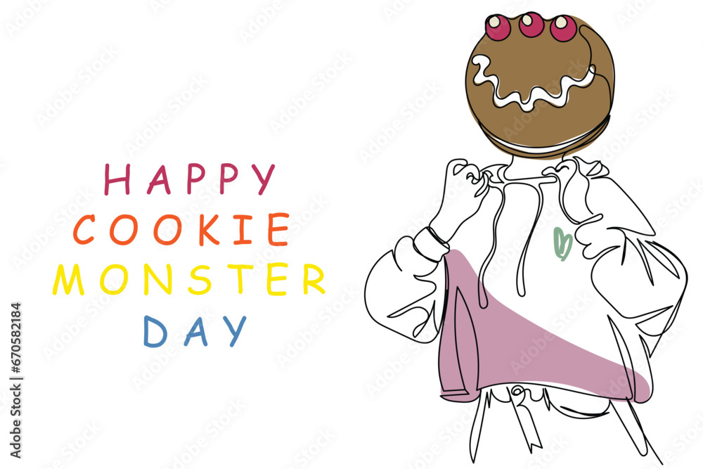 Happy Cookie Monster day poster. Continuous line art drawing of a huge cookie face adult celebrating cookie monster day. Postcard and banner design concept. Food days. November observances line art Happy Cookie Monster day poster. Continuous line art drawing of a huge cookie face adult celebrating cookie monster day. Postcard and banner design concept. Food days. November observances line art