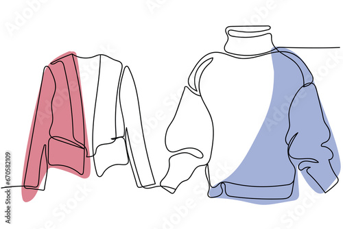 Winter wears of a male and female. Couple concept. Continuous line art of turtle neck sweater and a lady blazer coat. Outerwears and streetwears collection. Fall fashion of husband and wife. tunics