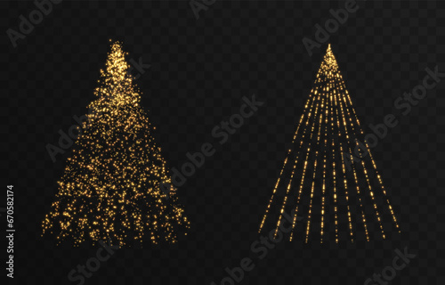Vector glowing Christmas tree. Glowing dust in the shape of a Christmas tree png. Golden particles of light png. Magic dust.