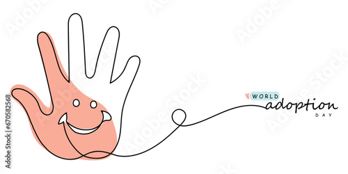 Family hands holding red heart, heart health insurance, organ donation,world heart day, world health day,world mental health day,foster home concept. Continuous Line art of world adoption day poster