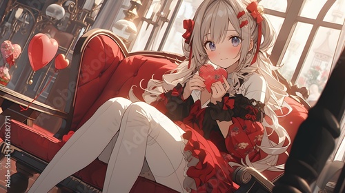Cute chibi LOFI anime manga girl, valentines day hearts background