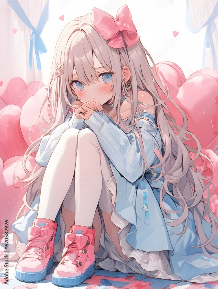 Cute chibi LOFI anime manga girl, valentines day hearts background Cute chibi LOFI anime manga girl, valentines day hearts background