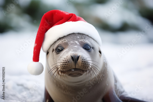 Cute little festive seal wearing a Father Christmas santa hat © ink drop