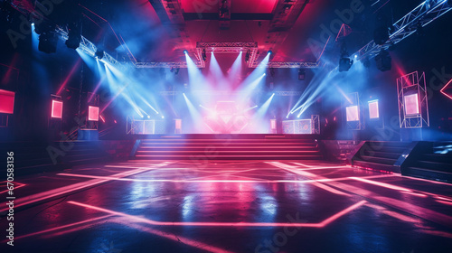 A deserted nightclub stage with dynamic red and blue spotlights  a vintage dance floor below