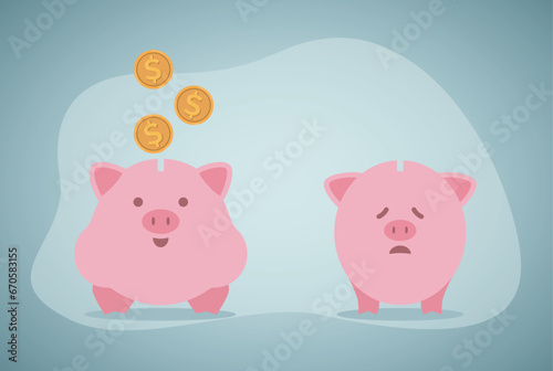 Coin bank with decreasing piles of coins. Saving inflation, financial crisis and loosing money concept.