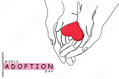Family hands holding red heart, heart health insurance, organ donation,world heart day, world health day,world mental health day,foster home concept. Continuous Line art of world adoption day poster