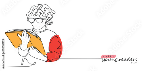 Young readers day. November celebrations. A small kid reading book with eyeglasses on. Young focused boy holding and reading a book. Adorable boy loves books. Continuous line art postcard vector
