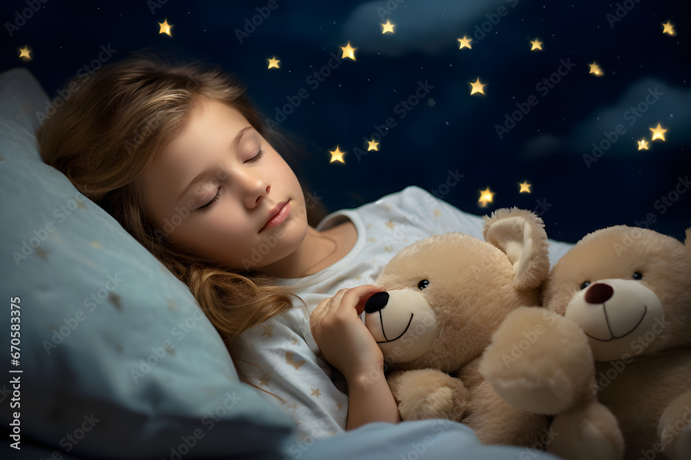 Sweet dreams: little blonde girl sleeping in bed with her teddy bears ...