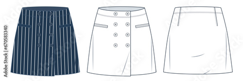 Striped Skirt technical fashion illustration. Button dowm Skirt fashion flat technical drawing template, pockets, front and back view, white, blue, women CAD mockup set.