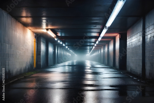 Midnight basement parking area Wet, hazy asphalt with lights on sidewalls