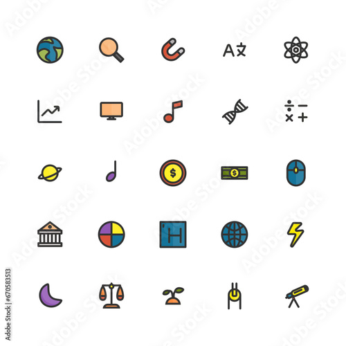 Education subject icon set - Filled line color