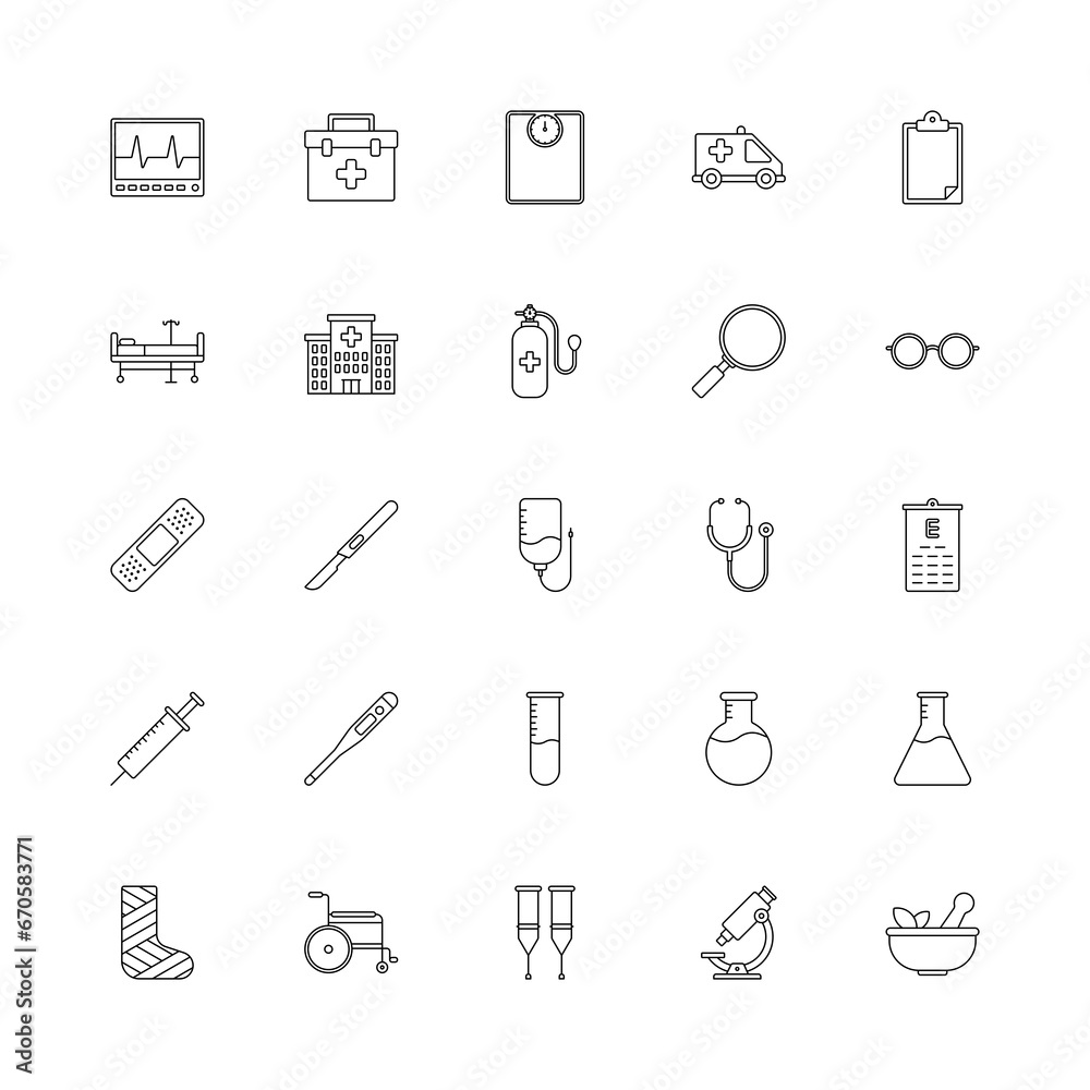 Medical tools icon set - Line monochrome Medical tools icon set - Line monochrome