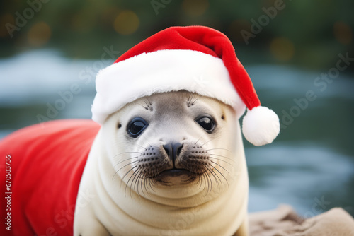 Cute little festive seal wearing a Father Christmas santa hat © ink drop