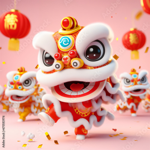 Cute lion dance, Chinese traditional lion dance performance, New Year 3d illustration, New Year, 2024, Year of the Dragon, Lunar New Year, New Year's Eve, New Year's Day