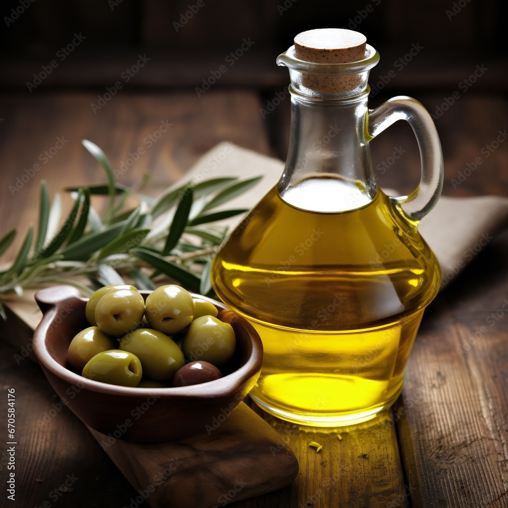 Olive oil and olive branch on the wooden table Olive oil and olive branch on the wooden table
